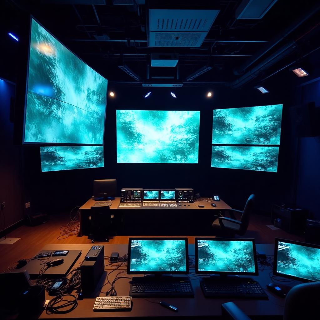 Broadcast control room with multiple large displays and blue ambient lighting — a target install environment.