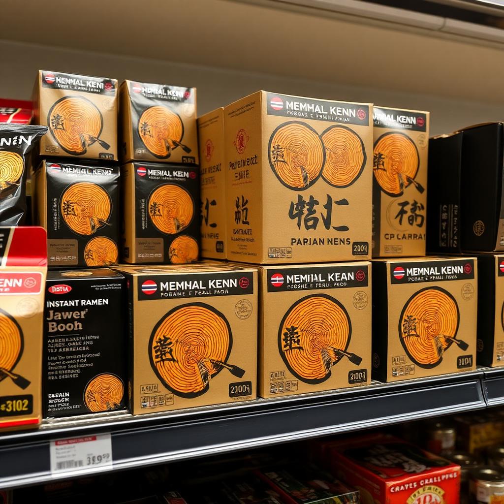 Nikkei retail ramen packaging on a grocery shelf — kraft-and-black boxes with minimal branding.
